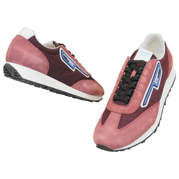 PRADA 2EG276 PINK SUEDE STRIPE BURGUNDY LOGO LOW TOP SNEAKERS 8.5 / US 9.5 ITALY - Picture 1 of 11